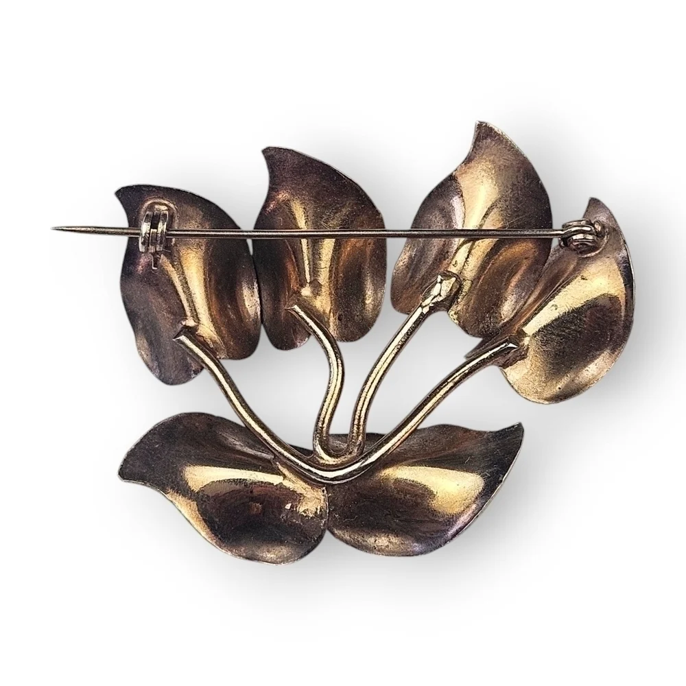 Art Deco Floral Brooch Shiny Gold Plated Leaves Leaf Dimensional Vintage 40s 2